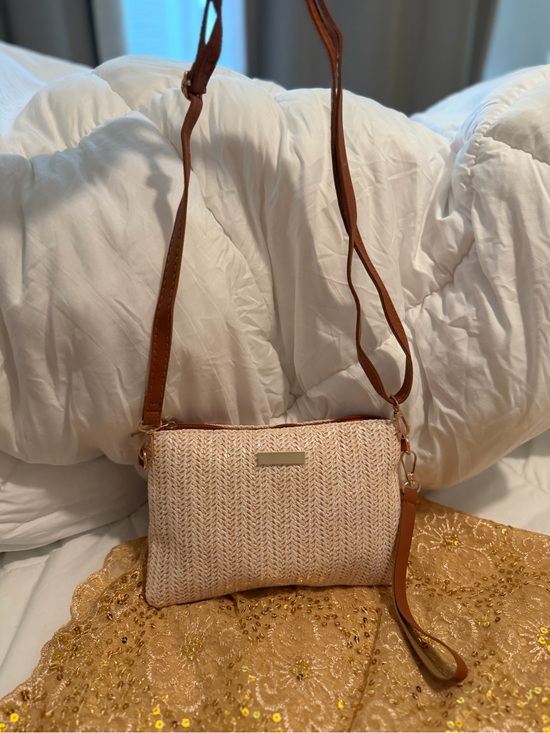 Handbags - Woven Straw Crossbody Bag with Brown Trim - Neutral